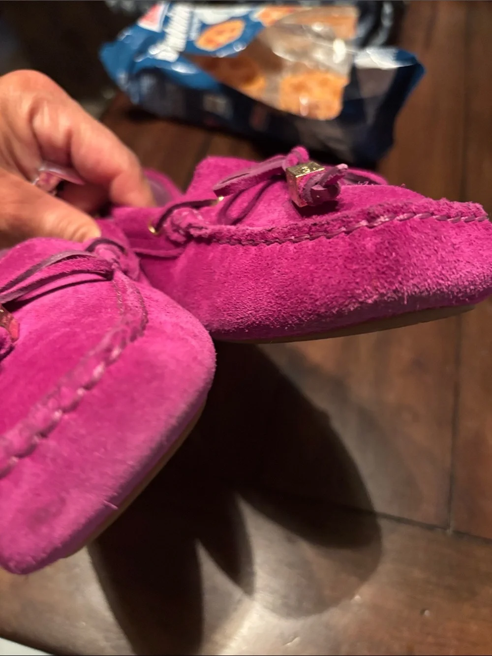 Michael Kors Suede Moccasin Loafers in Bright Fuchsia with Gold Accents
